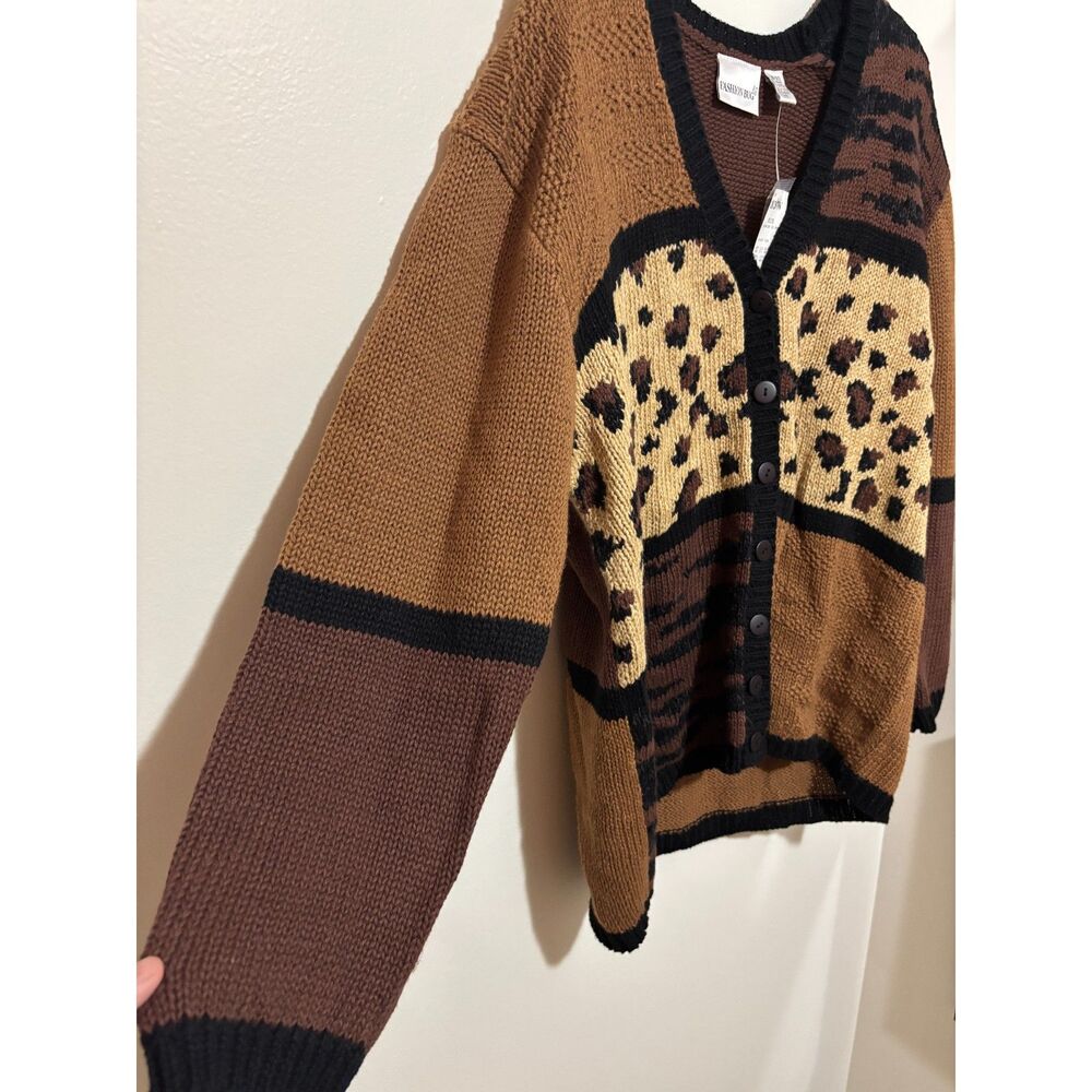Vintage NWT Y2K Leopard Patchwork Cardigan Sweater 18/20 Plus Animal Print 90s - Picture 4 of 8